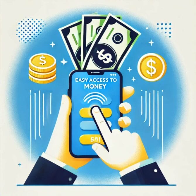 Ilustração de mão acessando dinheiro facilmente via app no celular, representando a importância da liquidez ao escolher onde guardar a reserva de emergência.
