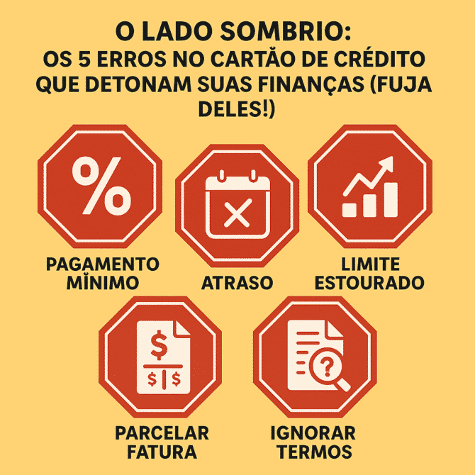 Cinco sinais de perigo representando os erros comuns com cartão de crédito: pagamento mínimo, atraso, limite estourado, parcelar fatura e ignorar termos.