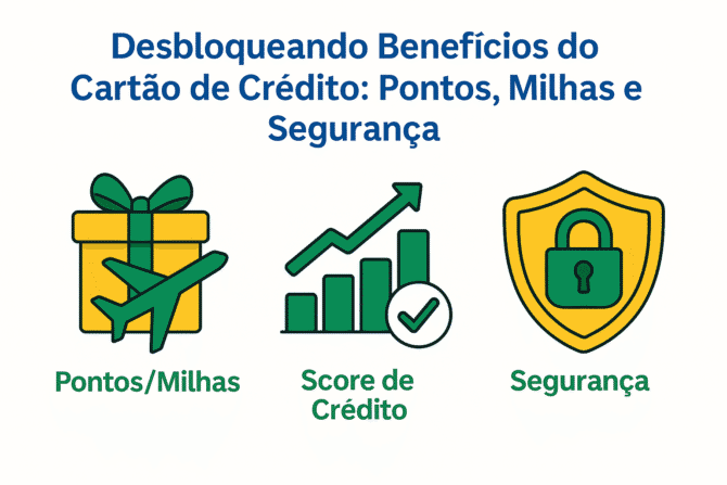 Ícones mostrando os benefícios do uso inteligente do cartão de crédito: programas de pontos/milhas, construção de score de crédito e segurança contra fraudes.
