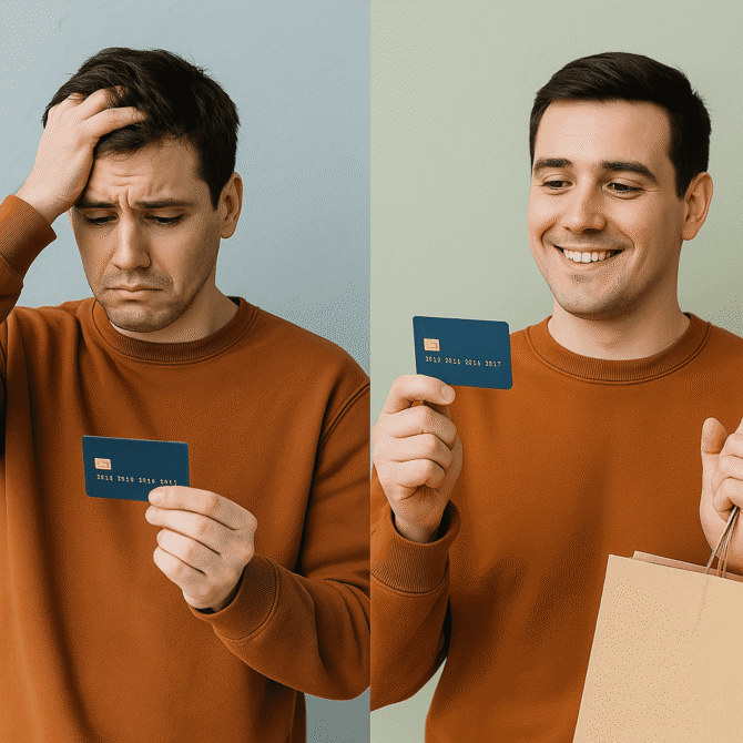 Comparativo do uso do cartão de crédito: estresse com dívidas versus uso inteligente e controlado com benefícios.