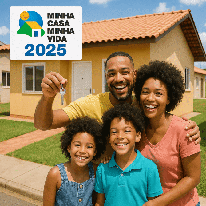 Família feliz realizando o sonho da casa própria com o Minha Casa Minha Vida 2025.