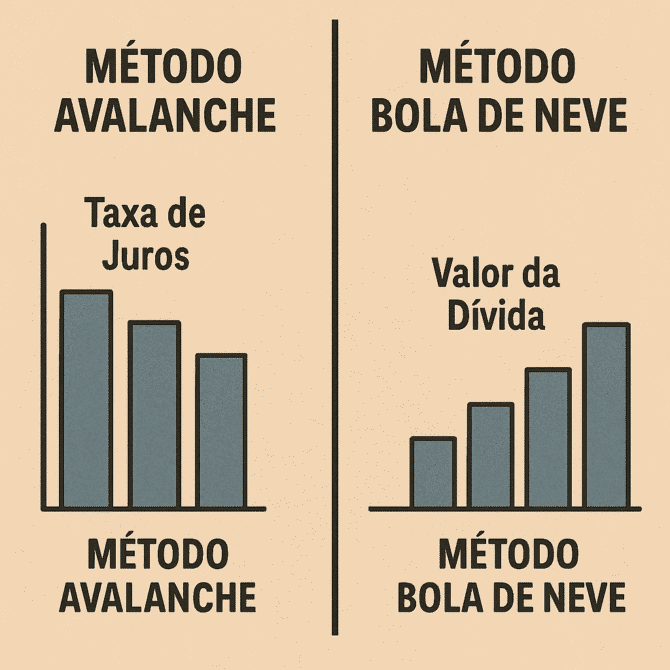 Gráfico simples comparando Método Avalanche (foco nos juros) vs Bola de Neve (foco na motivação) para quitar dívidas rapidamente.