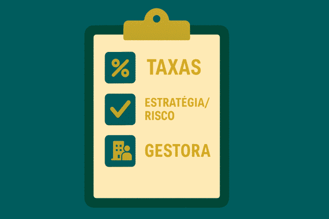Checklist prático com ícones para escolher o melhor fundo de previdência privada: taxas, estratégia, gestora.