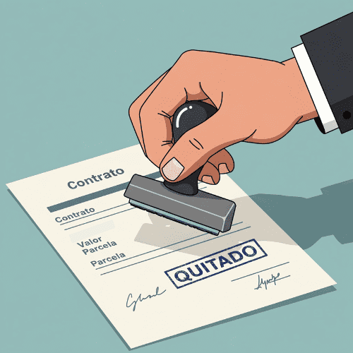 Mão carimbando "QUITADO" em contrato, mostrando como quitar empréstimo consignado e alcançar liberdade financeira.
