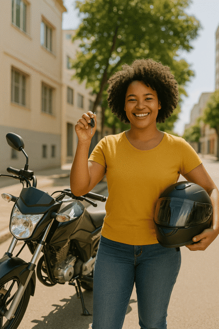 Pessoa feliz ao lado de sua motocicleta nova, representando a conquista via consórcio de moto bem planejado.