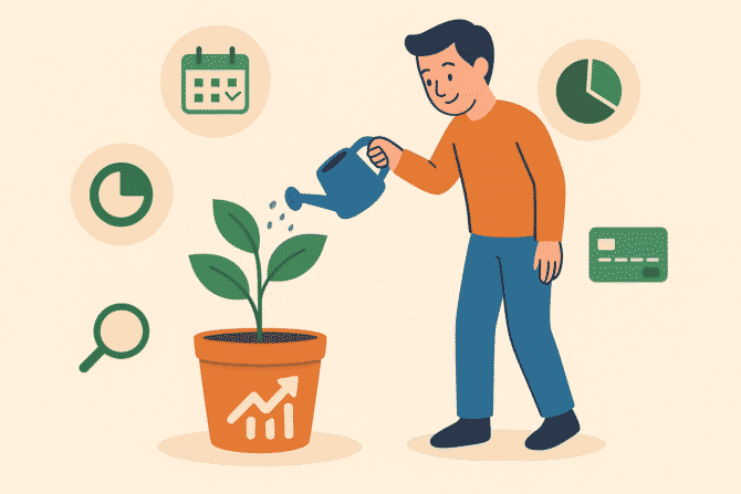Pessoa cultivando crédito saudável no Brasil através de bons hábitos financeiros: pagar em dia, monitorar, usar crédito com consciência.