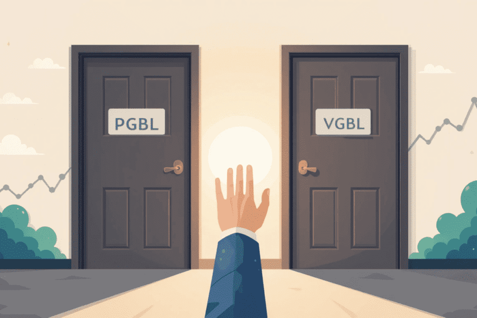 Mão escolhendo entre porta PGBL ou VGBL, decisão importante na previdência privada.