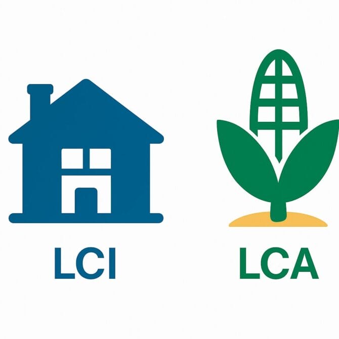 Ícones representando uma casa (LCI) e um trator ou planta (LCA).