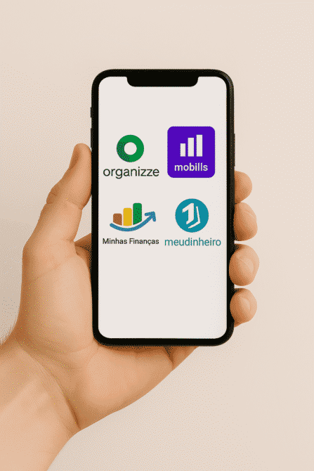Comparativo das interfaces dos melhores aplicativos de finanças pessoais 2025 no Brasil: Mobills, Organizze, Minhas Finanças e Meu Dinheiro Web.