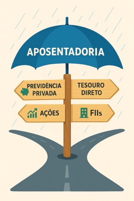 Encruzilhada com placas "Previdência Privada", "Tesouro Direto", "Ações", "FIIs" sob um guarda-chuva "Aposentadoria".