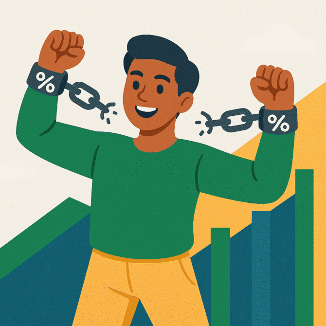 Ilustração de pessoa quebrando correntes de juros ao aprender como quitar empréstimo consignado.