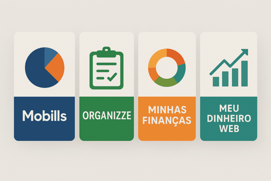 Colagem/mosaico com ilustrações das interfaces dos apps principais (Mobills, Organizze, Minhas Finanças, Meu Dinheiro Web)