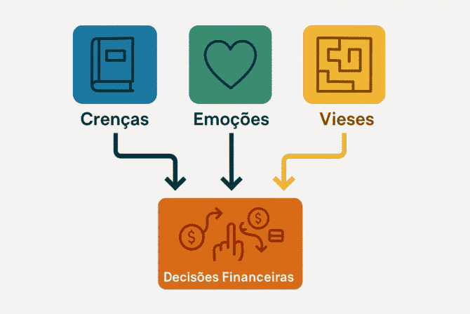 Diagrama simplificado mostrando como Crenças, Emoções e Vieses (armadilhas mentais) influenciam as Decisões Financeiras.