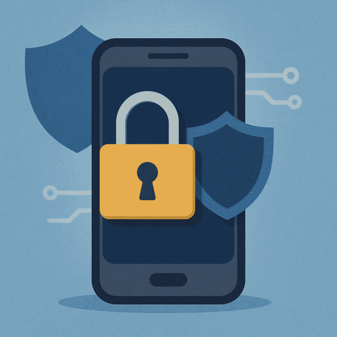 Símbolo de segurança (cadeado e escudo) protegendo dados em aplicativo financeiro no smartphone.