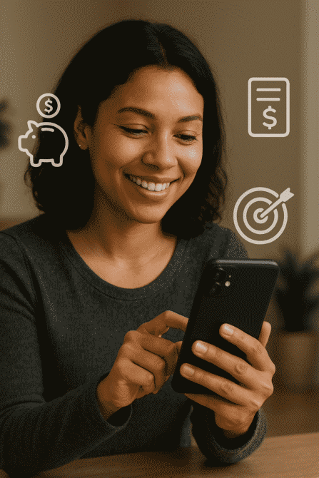 Pessoa utilizando um dos melhores aplicativos de finanças pessoais 2025 para organizar suas contas e visualizar gráficos no celular.