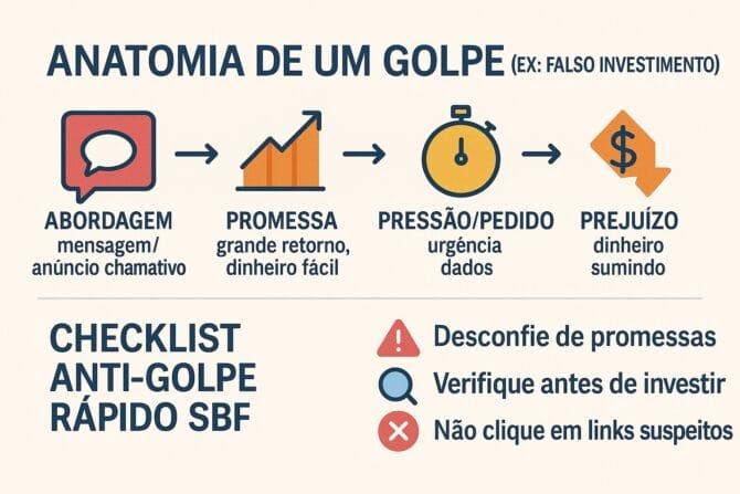 Infográfico mostrando como as redes sociais influenciam suas finanças ao facilitar golpes, com etapas de um golpe comum e dicas de proteção.