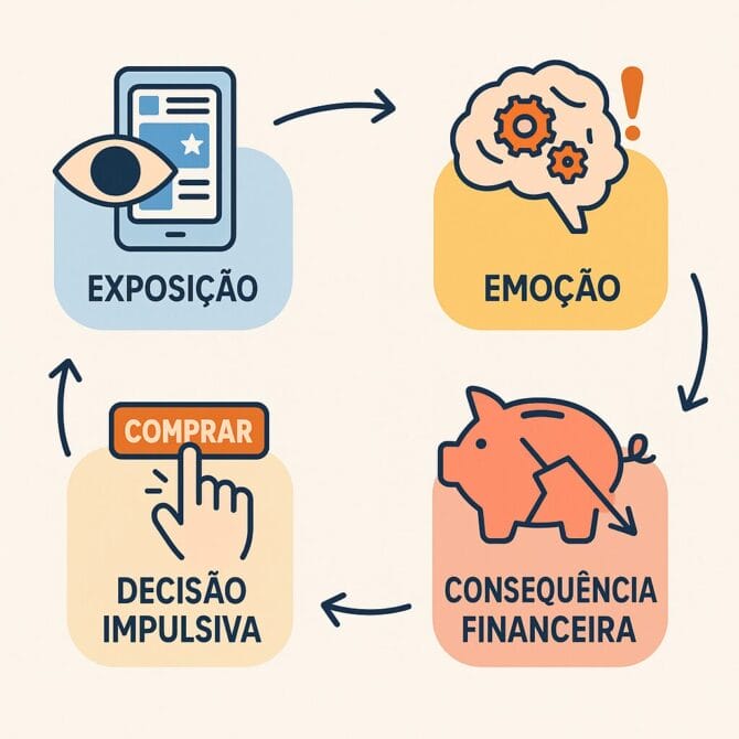Infográfico do ciclo do FOMO financeiro nas redes sociais, mostrando como as redes sociais influenciam suas finanças através do medo de ficar de fora.