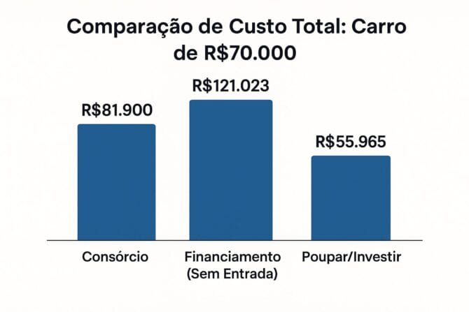 Gráfico comparativo do custo total para aquisição de um carro de R$70.000 via consórcio, financiamento e poupança/investimento, ajudando a decidir se consórcio vale a pena.