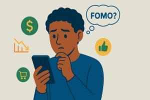 Pessoa ansiosa olhando celular com feed de redes sociais e balão de pensamento "FOMO financeiro", ilustrando o medo de ficar de fora.
