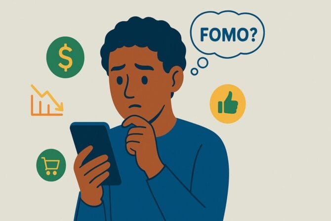 Pessoa ansiosa olhando celular com feed de redes sociais e balão de pensamento "FOMO financeiro", ilustrando o medo de ficar de fora.