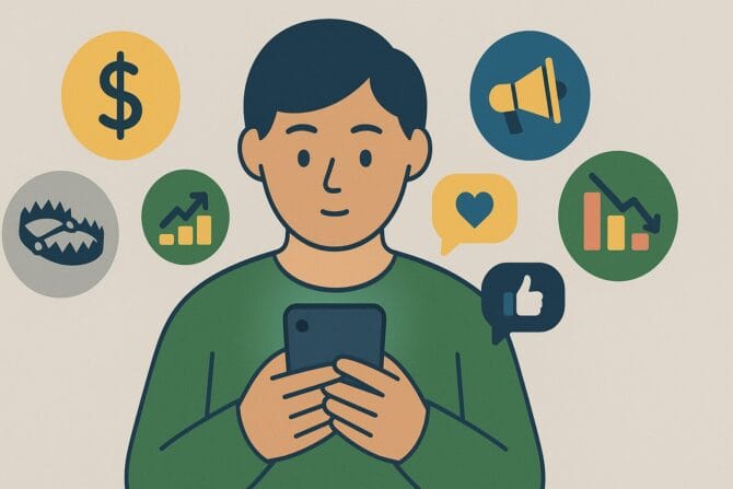 Pessoa no celular cercada por ícones de dinheiro, gráficos, influencers e armadilhas, ilustrando como as redes sociais influenciam suas finanças.