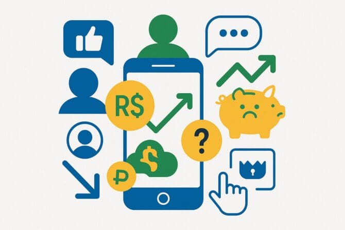 lustração estilo flat design de um smartphone exibindo ícones de redes sociais e símbolos financeiros como moedas de Real, cofrinho e setas de tendência, representando como as redes sociais influenciam suas finanças.