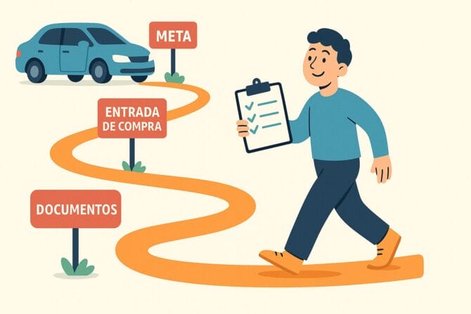 Caminho visual com marcos de planejamento até um carro estacionado, mostrando uma pessoa sorridente com checklist na mão, representando o planejamento financeiro para comprar carro