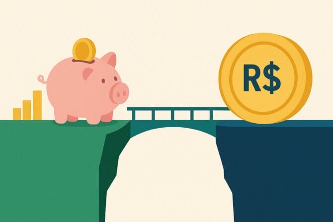 Ilustração de ponte conectando a meta de aposentadoria ao cálculo do aporte mensal de aposentadoria e ao crescimento do patrimônio.
