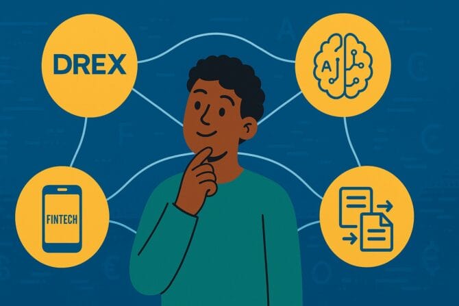 Pessoa interagindo com ícones de tecnologia financeira, como Drex, IA e fintechs, simbolizando o futuro do dinheiro.