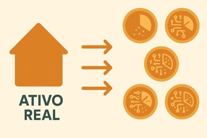 Infográfico explicando a tokenização de ativos como parte da tecnologia financeira: um imóvel grande dividido em tokens digitais menores.