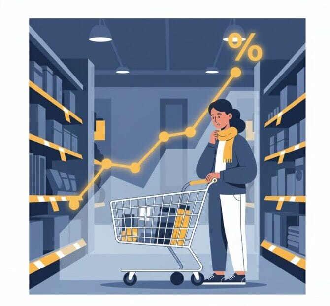 Pessoa em um supermercado analisando o impacto da inflação e dos hábitos de consumo nos preços dos produtos em 2025.