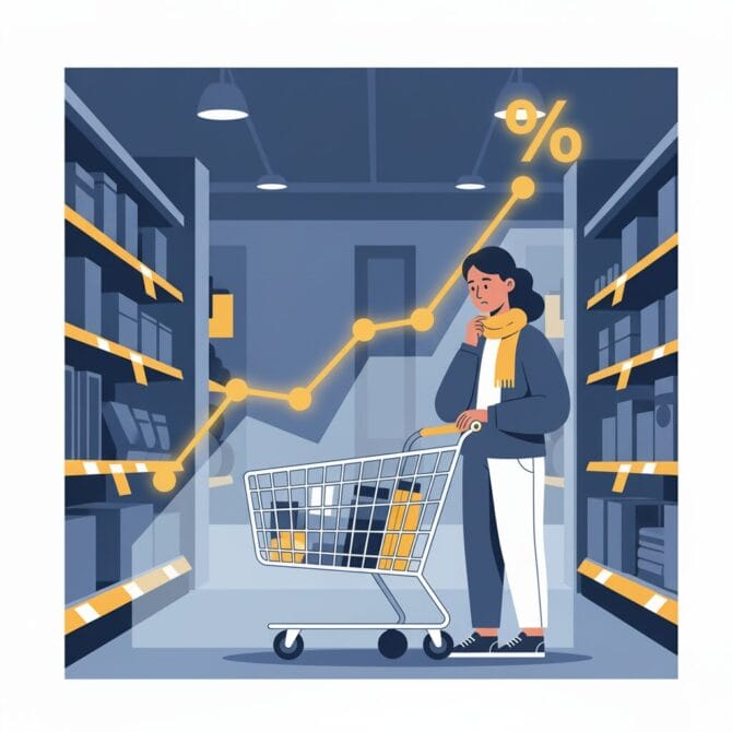 Pessoa em um supermercado analisando o impacto da inflação e dos hábitos de consumo nos preços dos produtos em 2025.