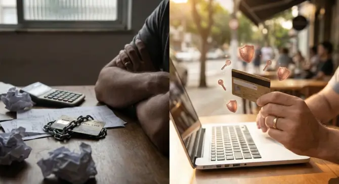 Imagem conceitual mostrando o cartão de crédito como vilão e como aliado financeiro, com o lado negativo simbolizando dívidas e o lado positivo representando controle, segurança e uso consciente do cartão de crédito.