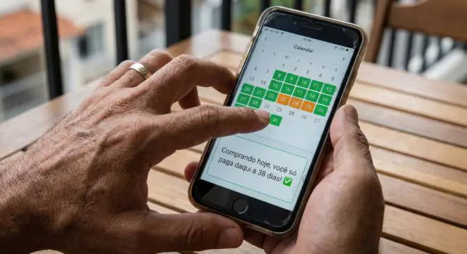 Pessoa brasileira usando um simulador digital do ciclo de faturamento do cartão de crédito no celular, mostrando como usar o cartão de crédito a seu favor e pagar a compra apenas semanas depois.