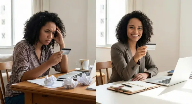 Pessoa brasileira em sua mesa, ilustrando a transformação de uma expressão preocupada para uma confiante ao aprender como usar cartão de crédito a seu favor, simbolizando controle financeiro e a jornada de vilão a aliado.