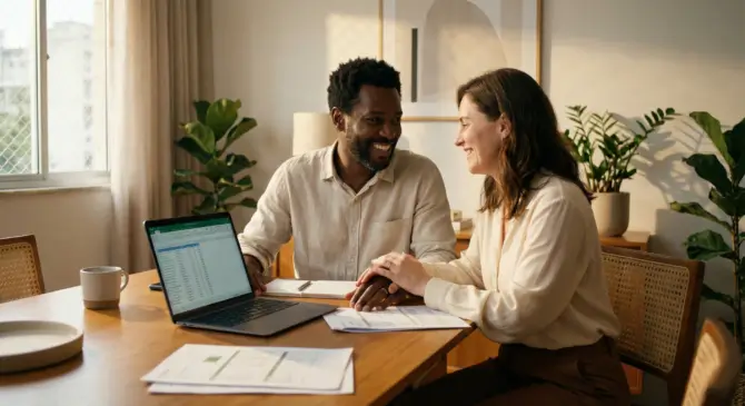 Casal brasileiro revisando orçamento e documentos à mesa de jantar com laptop e caneca, expressão de cumplicidade e foco — Finanças comportamentais no cotidiano