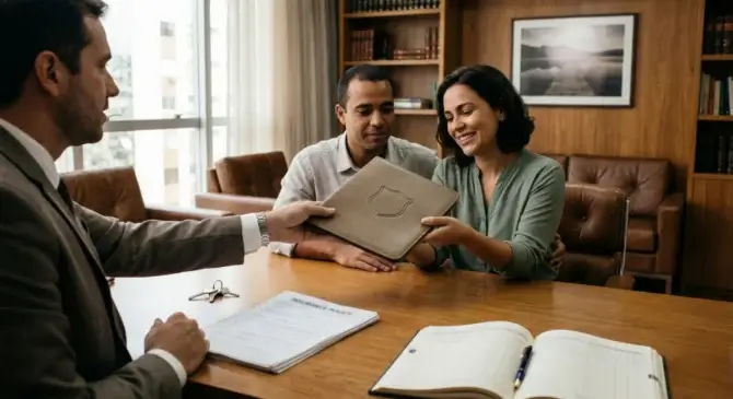 Cena em escritório jurídico com advogado entregando um dossiê em formato de escudo a uma família, simbolizando blindagem jurídica e proteção patrimonial contra imprevistos financeiros.