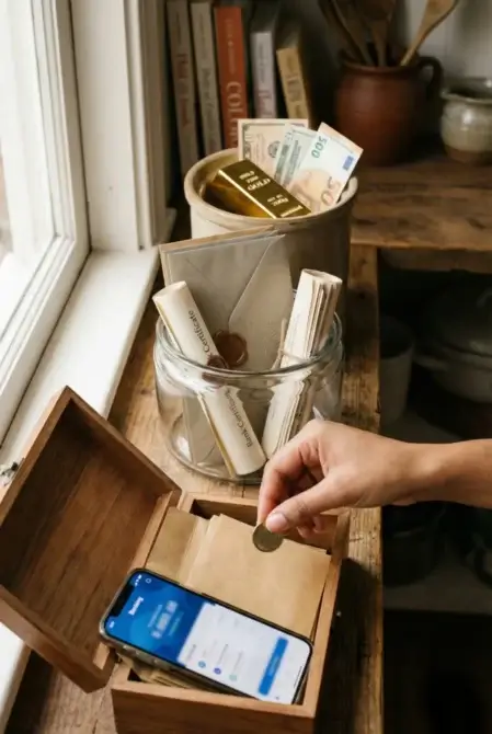 Composição fotográfica mostrando camadas de liquidez para proteção patrimonial, com recipientes representando caixa imediato, liquidez tática e hedge como parte da gestão de riscos financeiros.