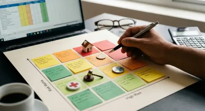 Imagem aérea de uma matriz de risco em uso, com notas e marcadores representando imprevistos financeiros, enquanto mãos apontam quadrantes para gestão de riscos financeiros e proteção patrimonial.