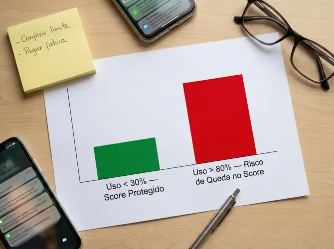 Gráfico comparativo sobre uso do limite do cartão de crédito, mostrando consumo abaixo de 30% como ideal para proteger o score e uso acima de 80% como risco de queda.