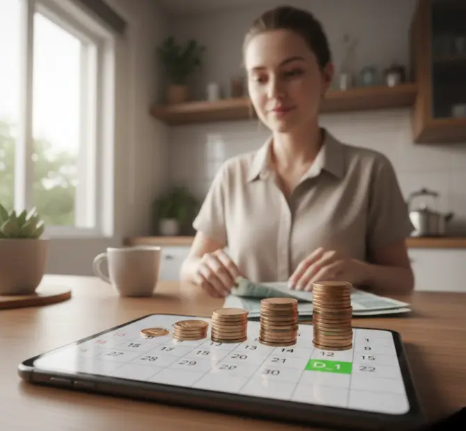 Mariana em cozinha/escritório doméstico pela manhã, olhando aliviada para o calendário no smartphone; melhor dia para comprar com cartão de crédito destacado em verde, com moedas e notas (reais) organizadas em montes que crescem rumo à data de vencimento — luz natural suave, estilo documental e autenticidade.