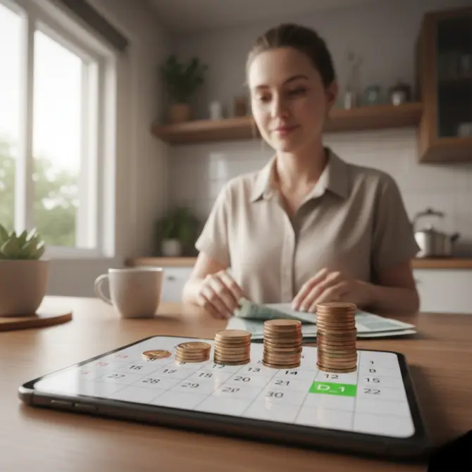 Mariana em cozinha/escritório doméstico pela manhã, olhando aliviada para o calendário no smartphone; melhor dia para comprar com cartão de crédito destacado em verde, com moedas e notas (reais) organizadas em montes que crescem rumo à data de vencimento — luz natural suave, estilo documental e autenticidade.