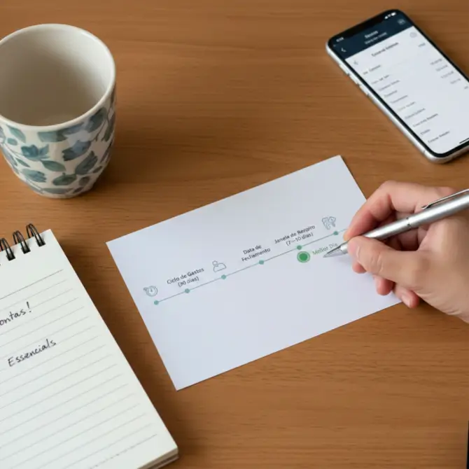 Infográfico em linha do tempo mostrando o ciclo de faturamento do cartão de crédito — ciclo de gastos, data de fechamento, janela de respiro e data de vencimento — com o melhor dia para comprar com cartão de crédito destacado logo após o fechamento para ganhar mais prazo de pagamento.