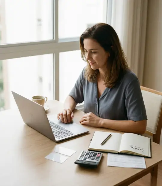 Mulher brasileira de 34 anos sentada à mesa da cozinha com laptop mostrando aplicativo de banco e régua de limite, dois cartões físicos, planilha de orçamento e xícara de café — conceito de limite do cartão de crédito ideal, controle financeiro e planejamento.