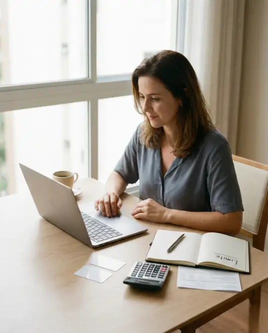 Mulher brasileira de 34 anos sentada à mesa da cozinha com laptop mostrando aplicativo de banco e régua de limite, dois cartões físicos, planilha de orçamento e xícara de café — conceito de limite do cartão de crédito ideal, controle financeiro e planejamento.