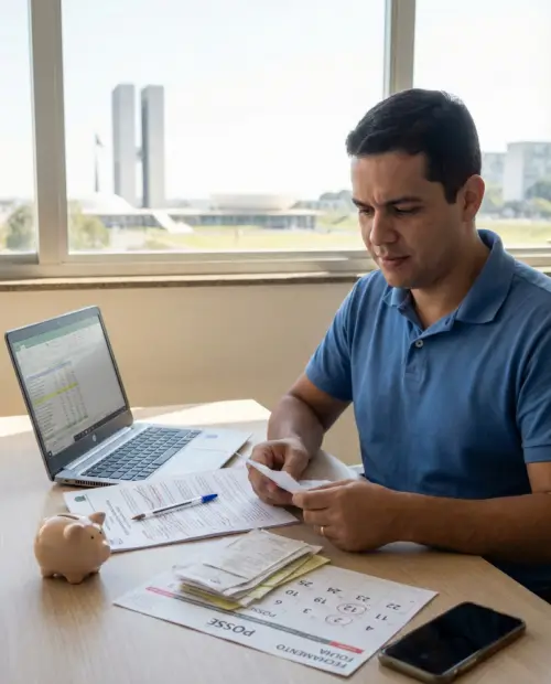 Pessoa brasileira (30–40 anos) sentada em mesa de madeira clara em plano médio (waist-up), expressão mista de foco e alívio enquanto manipula documentos. Luz natural suave de manhã entra por uma janela; sobre a mesa há laptop com planilha visível, edital impresso marcado com caneta, pequeno cofrinho, comprovantes e notas, calendário de papel com datas circuladas (marcando posse e fechamento de folha), caneta e celular com notificações desligadas. Fundo levemente desfocado com silhueta sugerida da arquitetura de Brasília, cores naturais em tons terrosos e azuis suaves; composição com espaço negativo superior para título e subtítulo do artigo.