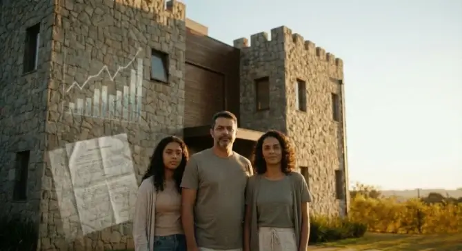 Casal e adolescente diante de fachada sólida com reflexos sutis de gráficos e documento, transmitindo proteção patrimonial.
