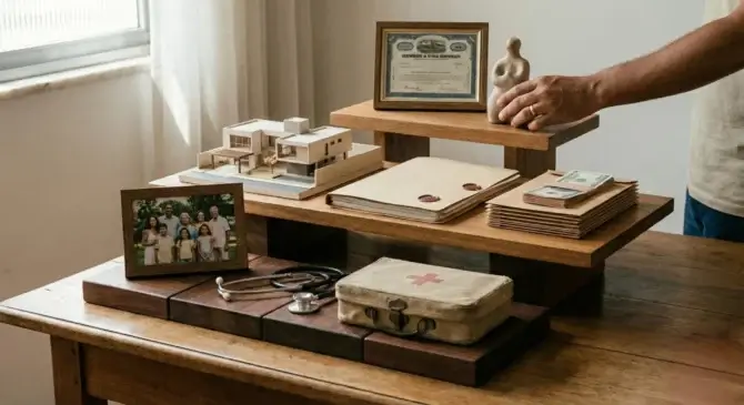 Pirâmide patrimonial na mesa com quadro, estetoscópio, modelo de casa, certificados e mãos ajustando, proteção patrimonial