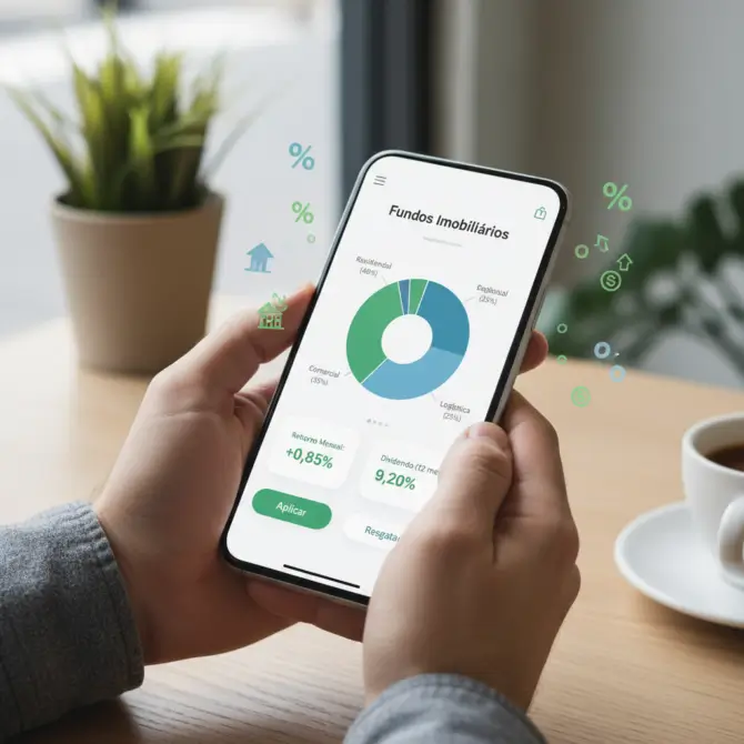 Pessoa usando aplicativo de investimentos no celular para acompanhar FIIs, ilustrando como investir em fundos imobiliários com controle de rendimentos e proventos mensais.