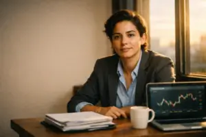 Pessoa brasileira sentada em mesa minimalista, planejando com laptop e documentos à luz dourada, estratégia de dividendos